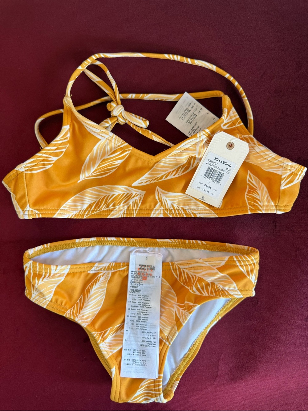 NWT Billabong Yellow White Leaf Print Swim Set